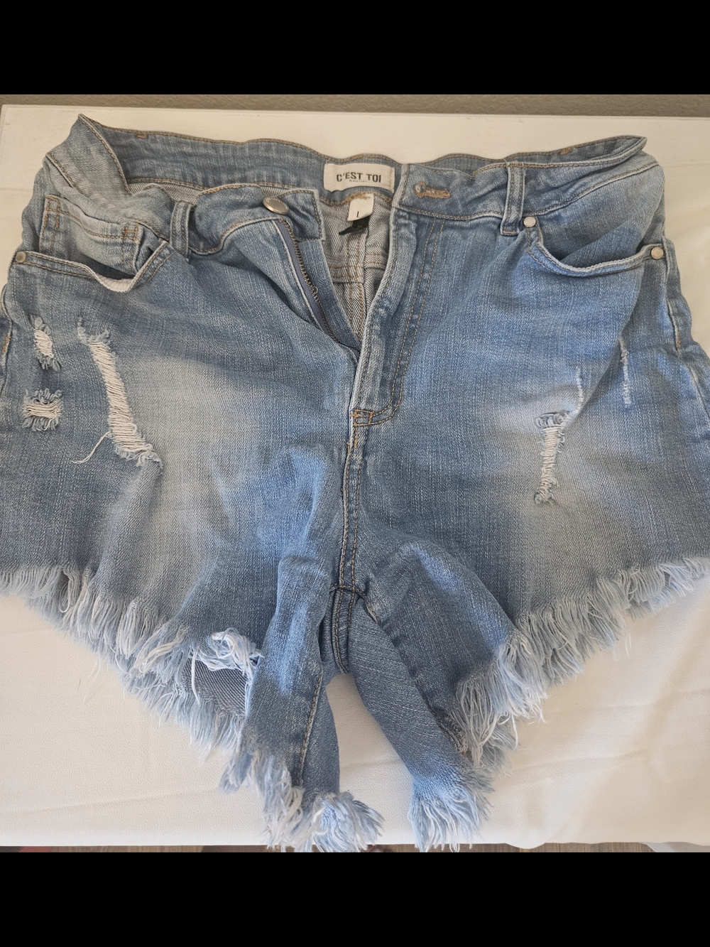 Black Label Light Blue Frayed Denim Cutoff Stretch Shorts